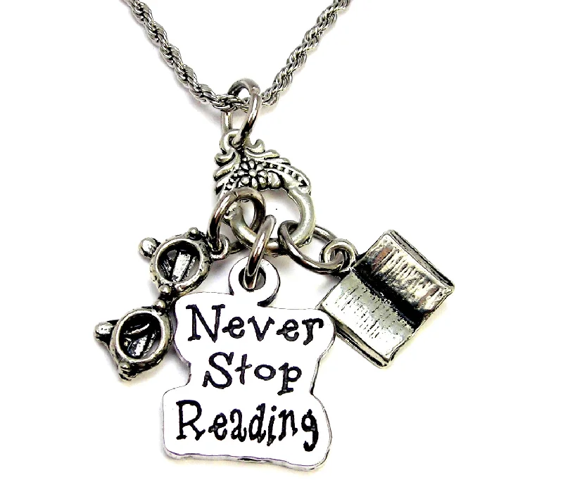 simple necklaces for women -Never stop reading Charm Holder Necklace 20" Chain Necklace  reading glasses open book