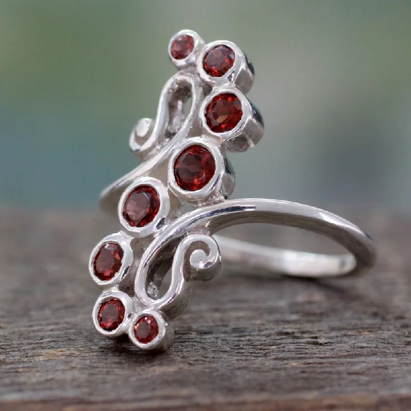 chunky rings for women -Handcrafted Sterling Silver 'Scarlet Tendrils' Garnet Ring (India)