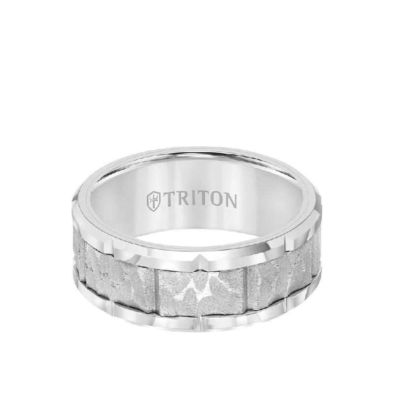 luxury wedding necklaces for women -9MM Tungsten Carbide Ring - Sandblasted Distressed Center, Bevel Edge & Bright Rims