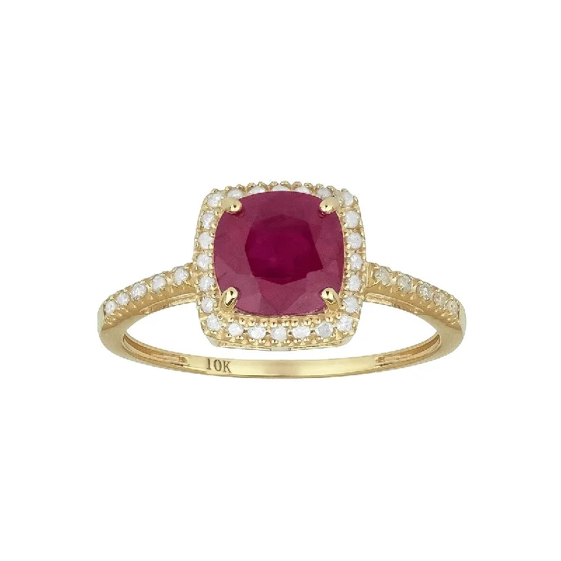 vintage solitaire rings -Viducci 10k Yellow Gold Genuine Cushion-cut Ruby and Diamond Halo Ring