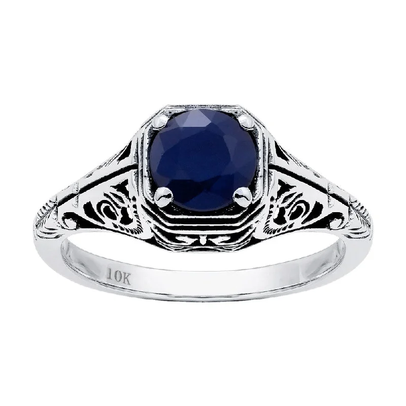 heart diamond rings for women -Viducci 10k White Gold Vintage Style Genuine Round Sapphire Filigree Ring