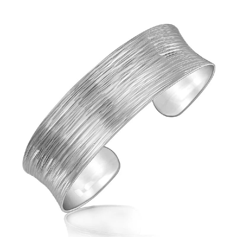 thick bangles for women -Sterling Silver Rhodium Plated Concave Cuff with Diamond Cuts