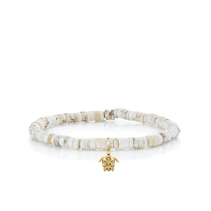 bohemian style bracelets for women -Gold & Diamond Small Turtle on White Turquoise Heishi