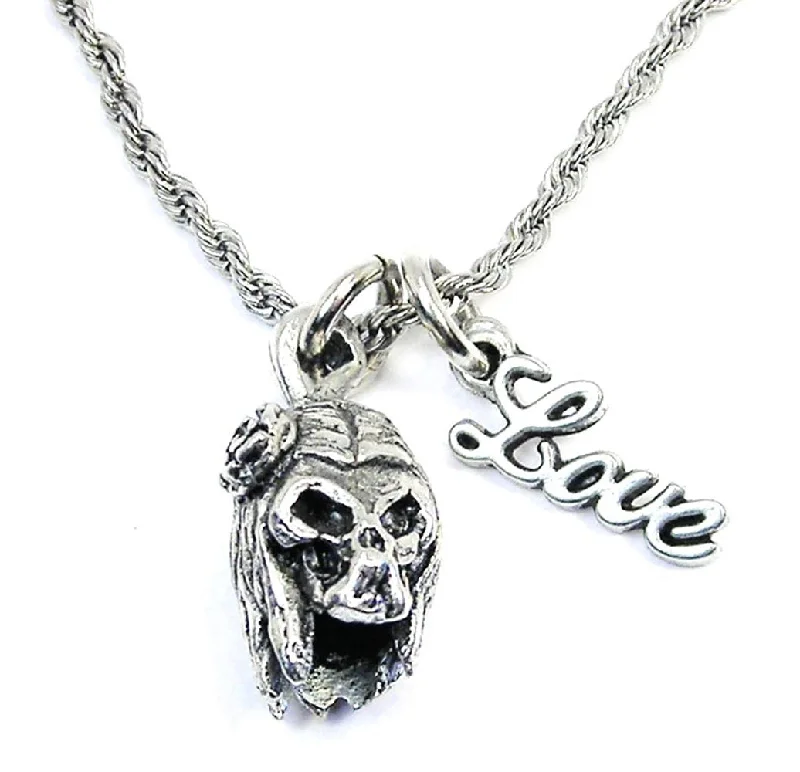 classic necklaces for women -Day Of The Dead Female Skull With Long Hair And A Rose 20" Rope Necklace With Love