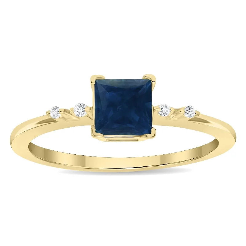 promise rings with birthstones -Women's Square Shaped Sapphire and Diamond Sparkle Ring in 10K Yellow Gold