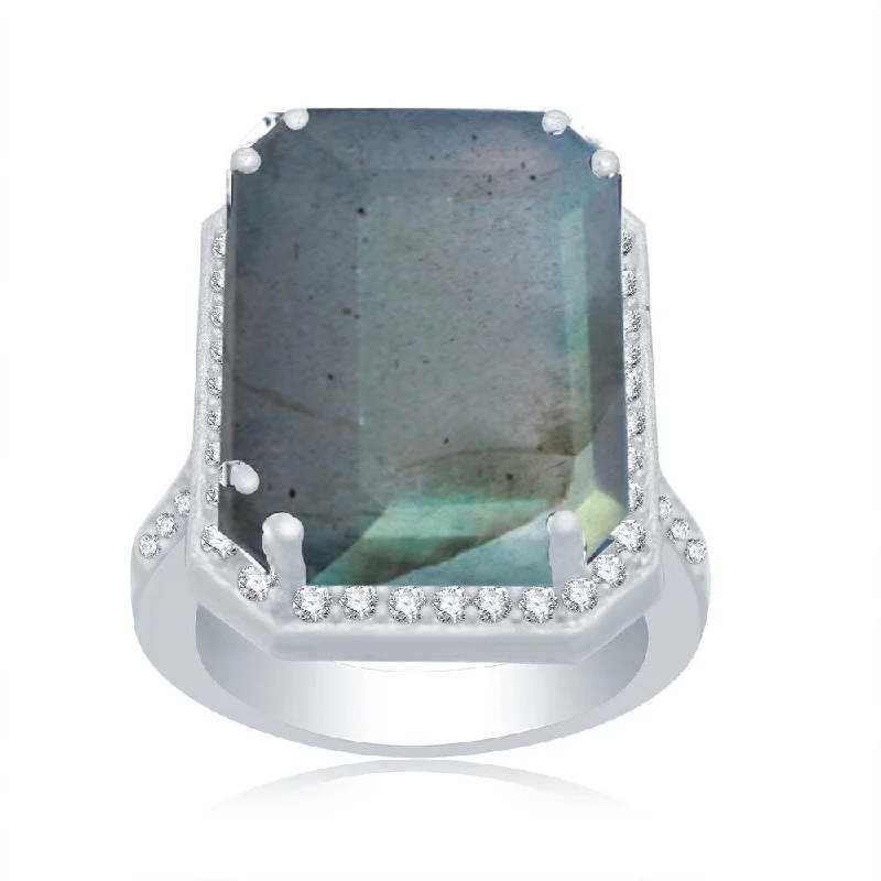 vintage rings for women -Sterling Silver with Natural Labradorite and White Topaz Octagon Halo Ring