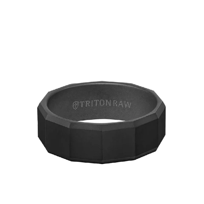 luxurious necklaces for women -8MM Tungsten RAW Black DLC Ring - Faceted Pattern with Bevel Edge