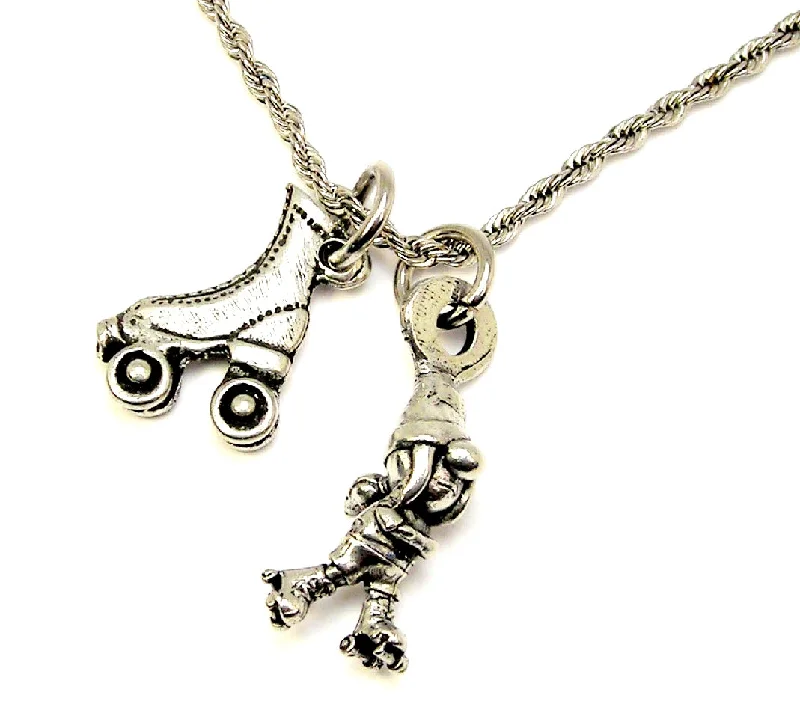 pendant necklaces for women -Roller Skating Roller Derby Gnome girl with roller skate 22" Chain Necklace