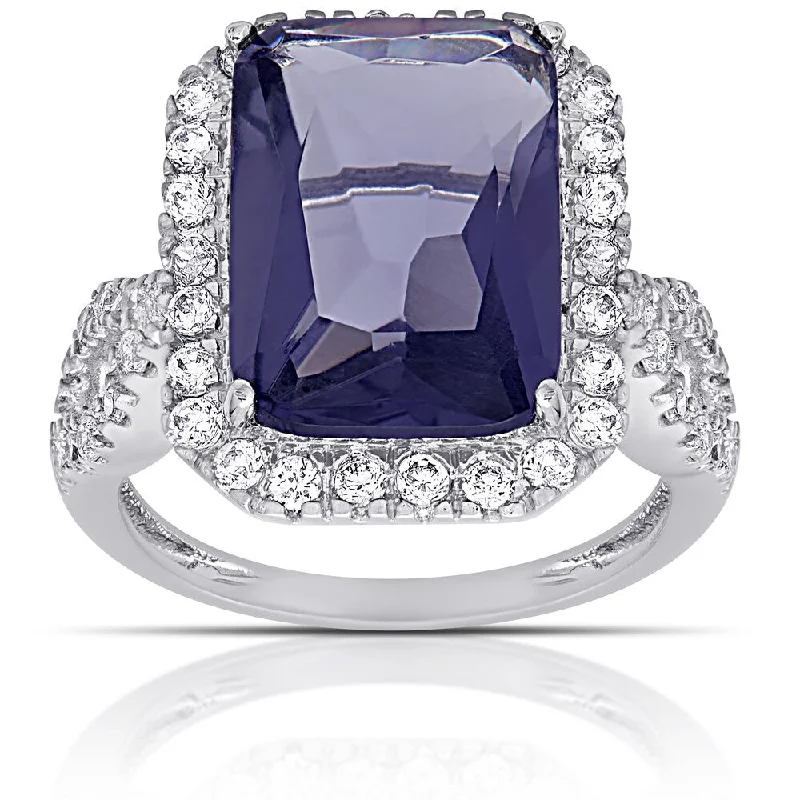 wedding sets with rings -Dolce Giavonna Silver Overlay Simulated Tanzanite and Cubic Zirconia Emerald-cut Ring (Size 7)