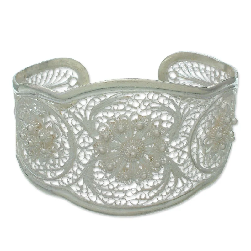 mixed metal bracelets for women -Handmade Eve's Garden Romantic Lace-like Floral Vintage Sterling Silver Filigree Wide Cuff (Bali)