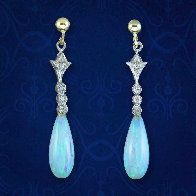 silver hoop earrings for women -Edwardian Style Opal CZ Drop Earrings Silver 18ct Gold Gilt