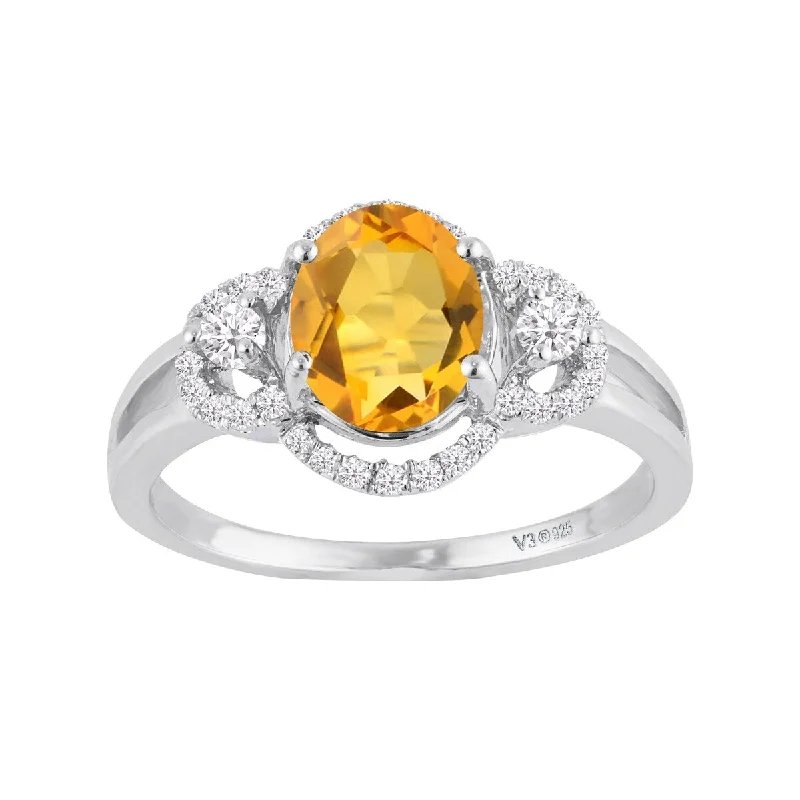 fashion promise rings -Sterling Silver with Natural Citrine and White Zircon Halo Ring