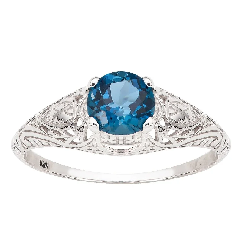 vintage diamond rings -Viducci 10k White Gold Vintage Style London Blue Topaz Scroll Ring