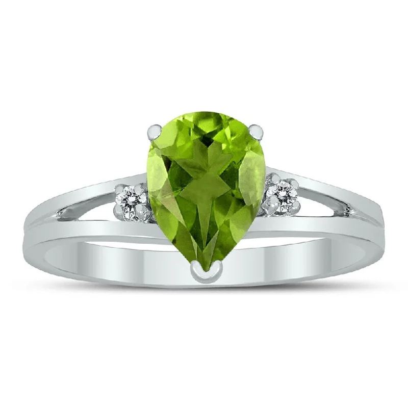 promise rings for women -8X6MM Peridot and Diamond Pear Shaped Open Three Stone Ring in 10K White Gold