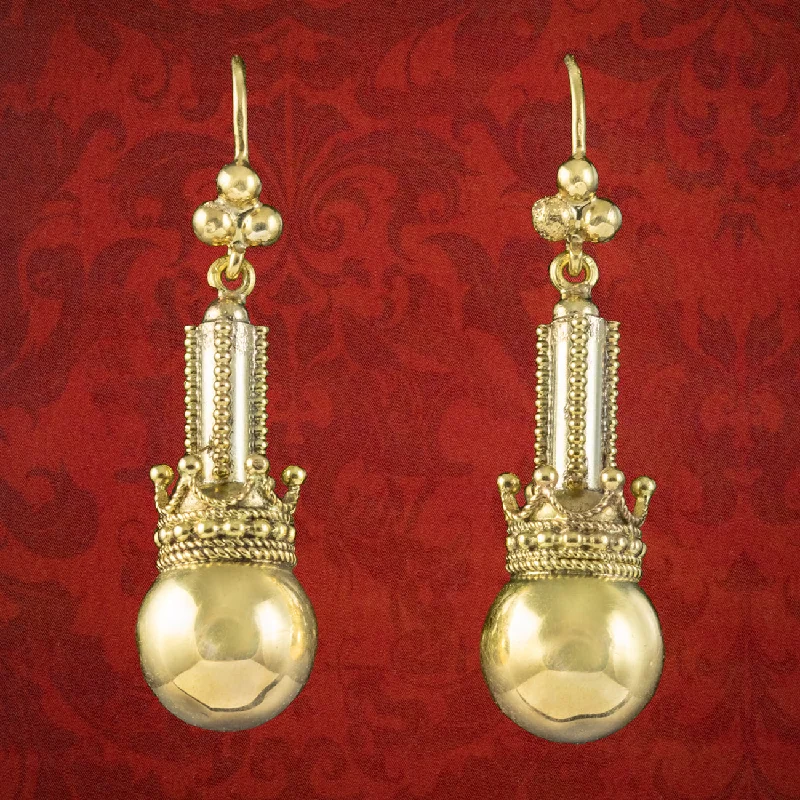 big hoop earrings for women -Antique Victorian Ball And Crown Drop Earrings 15ct Gold