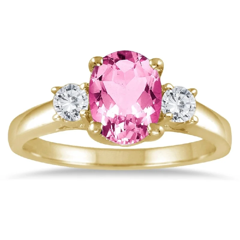 vintage solitaire diamond rings -1 3/4 Carat Pink Topaz and Diamond Three Stone Ring 14K Yellow Gold