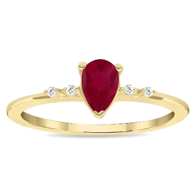 colored gemstone engagement rings -Women's Pear Shaped Ruby and Diamond Sparkle Ring in 10K Yellow Gold