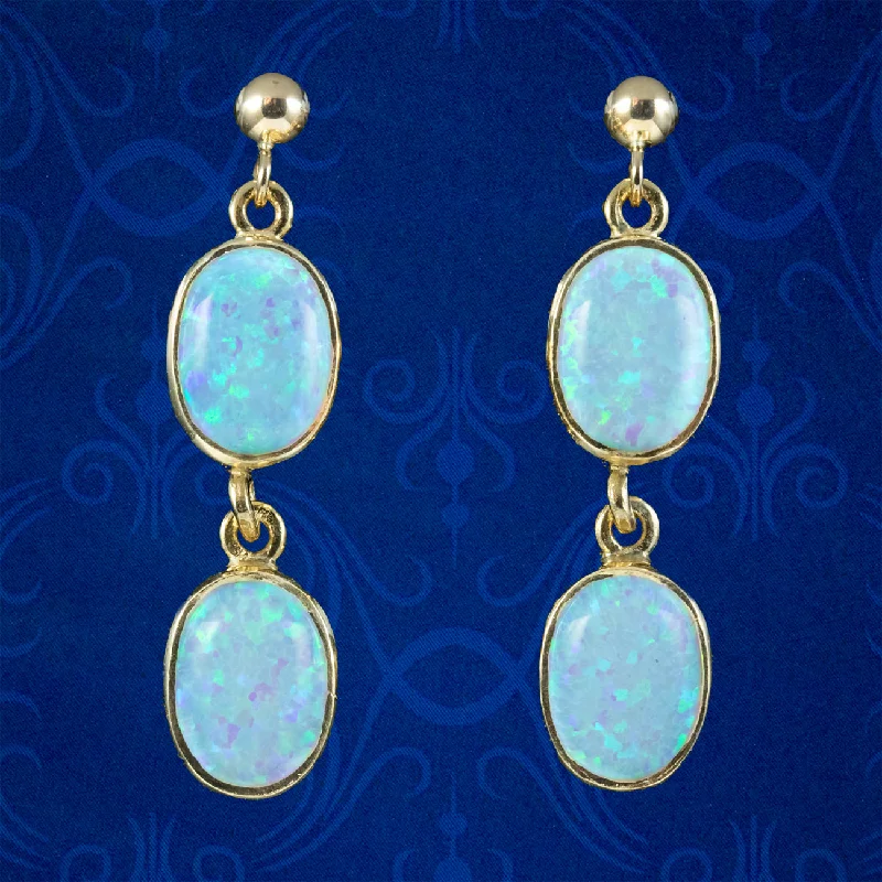 heart-shaped earrings for women -Victorian Style Opal Double Drop Stud Earrings 9ct Gold