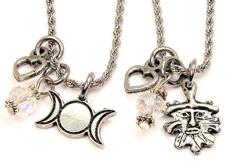 short necklaces for women -Triple Moon And Green Man Set Of 2 Rope Chain Necklaces