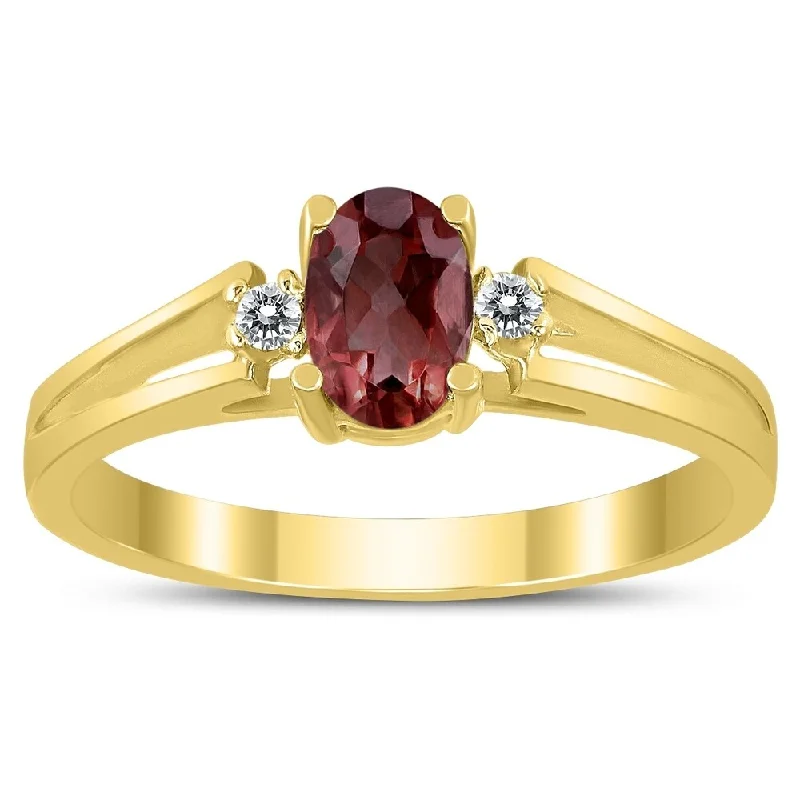 men's style rings for women -6X4MM Garnet and Diamond Open Three Stone Ring in 10K Yellow Gold