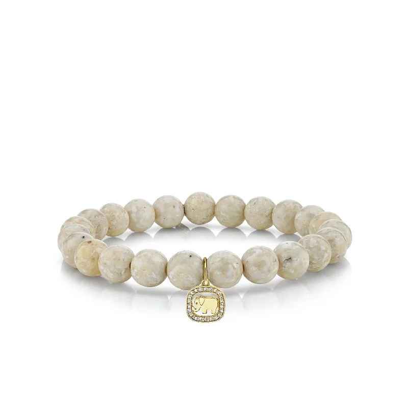 luxury fashion bracelets -Gold & Diamond Elephant Open Icon on Cream Jasper