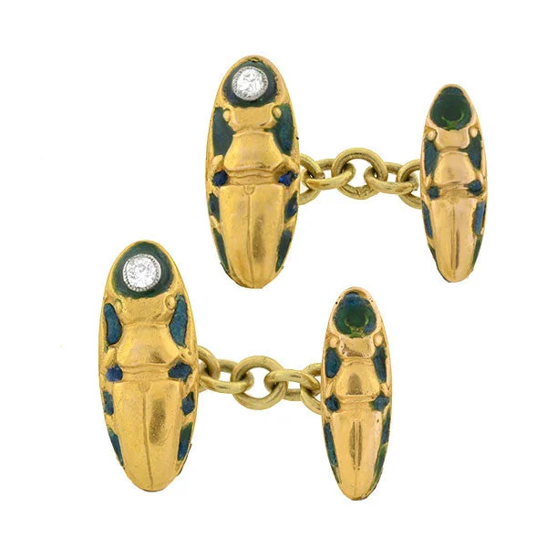 adjustable gold bracelets for women -Edwardian 18kt Enamel & Diamond Scarab Cufflinks