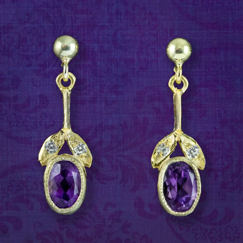 silver dangle earrings for women -Edwardian Style Amethyst Drop Earrings Silver Gold Gilt