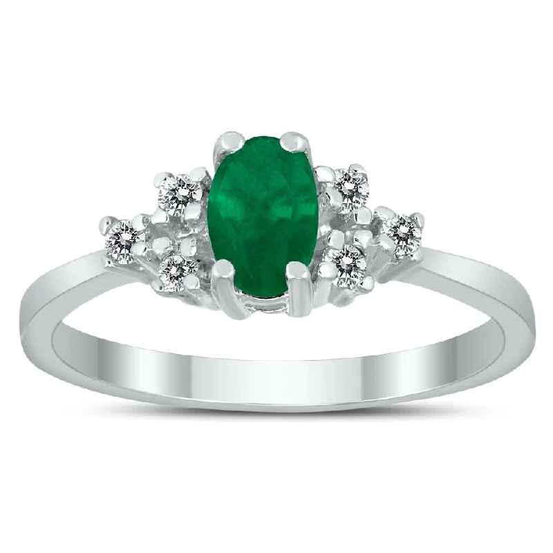 adjustable rings for women -6X4MM Emerald and Diamond Regal Ring in 10K White Gold