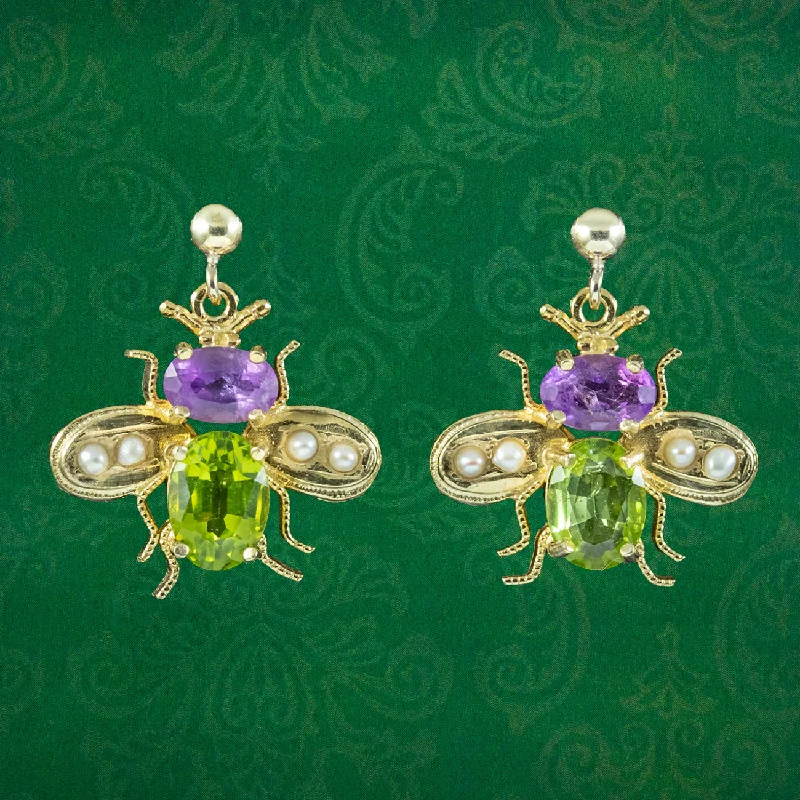 vintage stud earrings -Edwardian Suffragette Style Insect Bee Earrings Amethyst Peridot Pearls