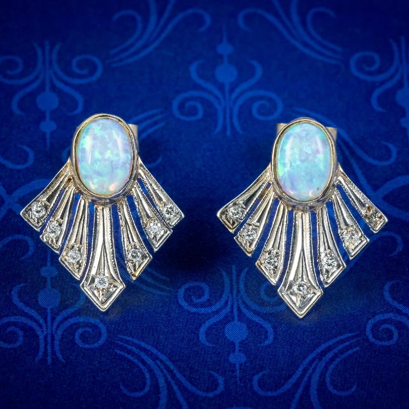 gold earrings for women -Art Deco Style Opal Diamond Fan Earrings 9Ct Gold