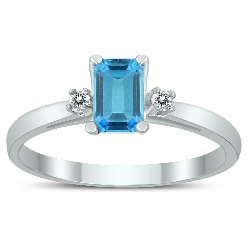 birthstone rings for women -Emerald Cut 6X4MM Blue Topaz and Diamond Three Stone Ring in 10K White Gold