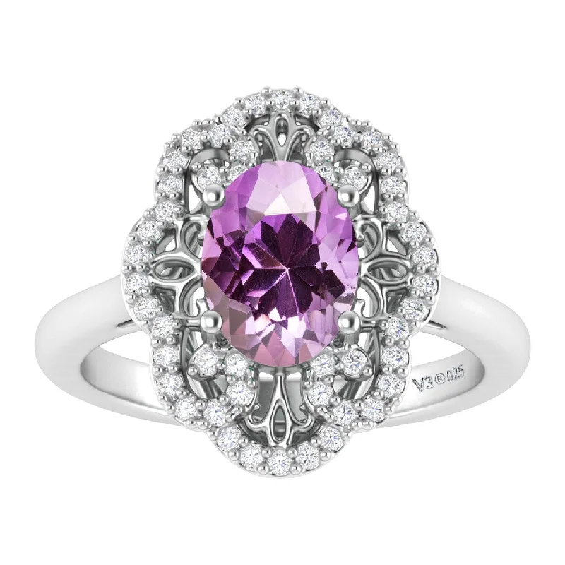 promise rings with birthstones -Sterling Silver With Natural Amethyst and White Topaz Cluster Ring