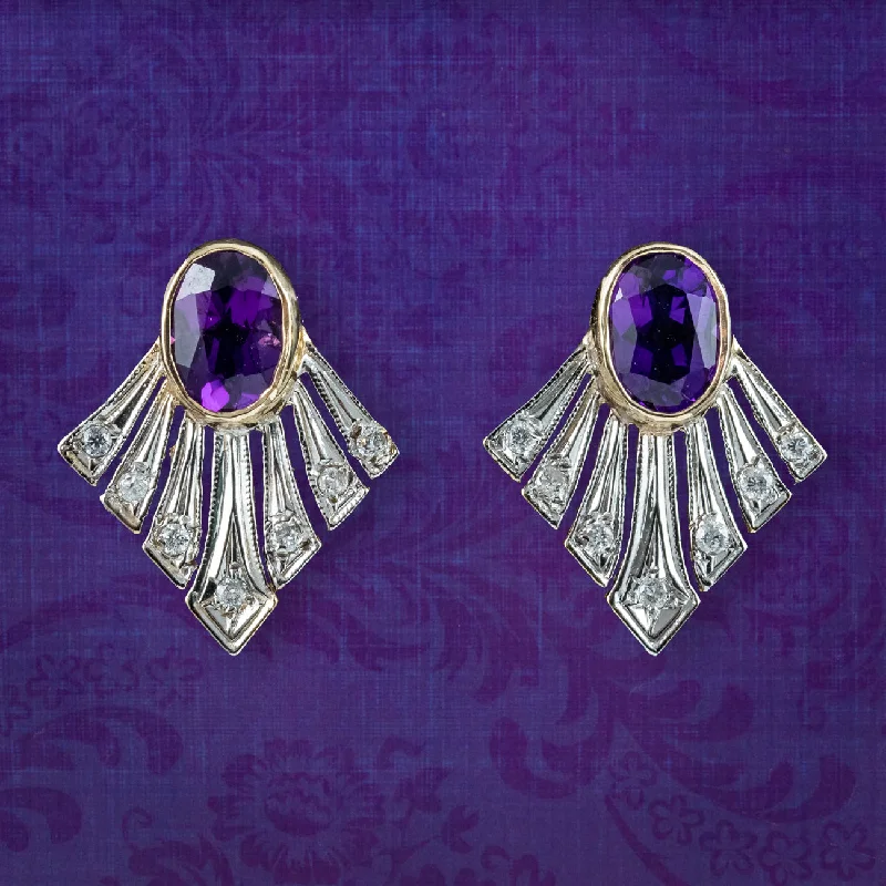 creative earrings for women -Art Deco Style Amethyst Diamond Fan Earrings 9ct Gold