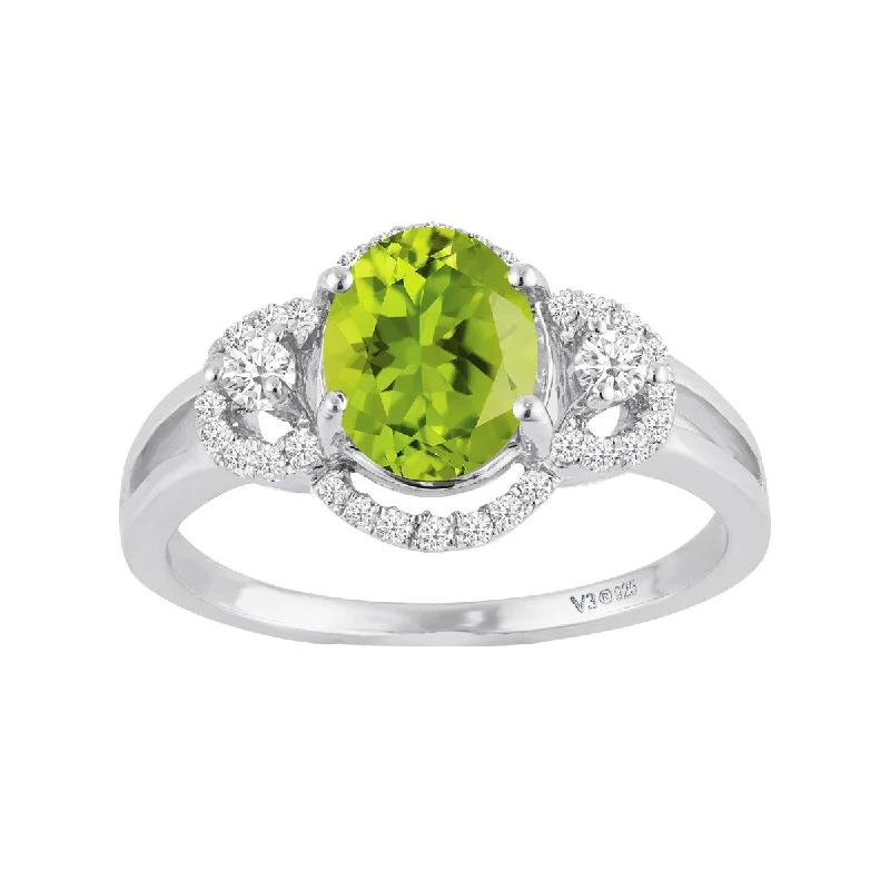 engagement rings for women -Sterling Silver with Natural Peridot and White Zircon Halo Ring