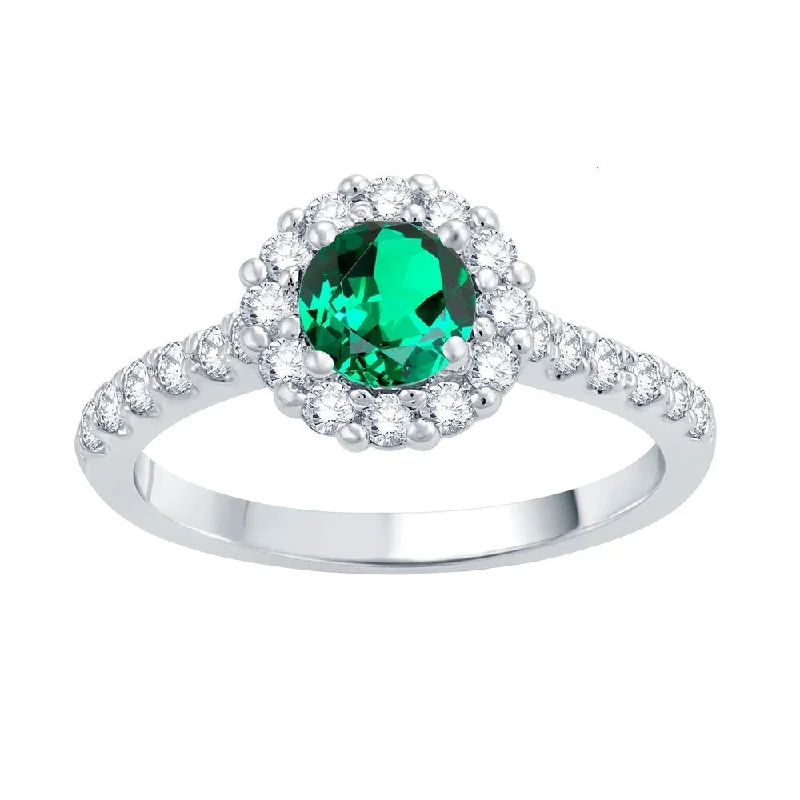 eternity diamond wedding rings -Sterling Silver with Green Emerald and Natural White Topaz Halo Ring