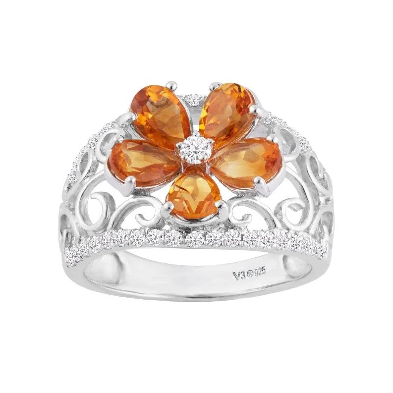 emerald rings for women -Sterling Silver with Natural Citrine and White Zircon Flower Ring