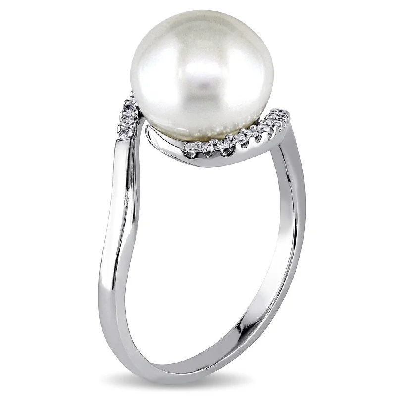 halo wedding rings for women -Miadora Sterling Silver 1/10ct TDW Diamond FW Pearl Ring (9-10 mm)