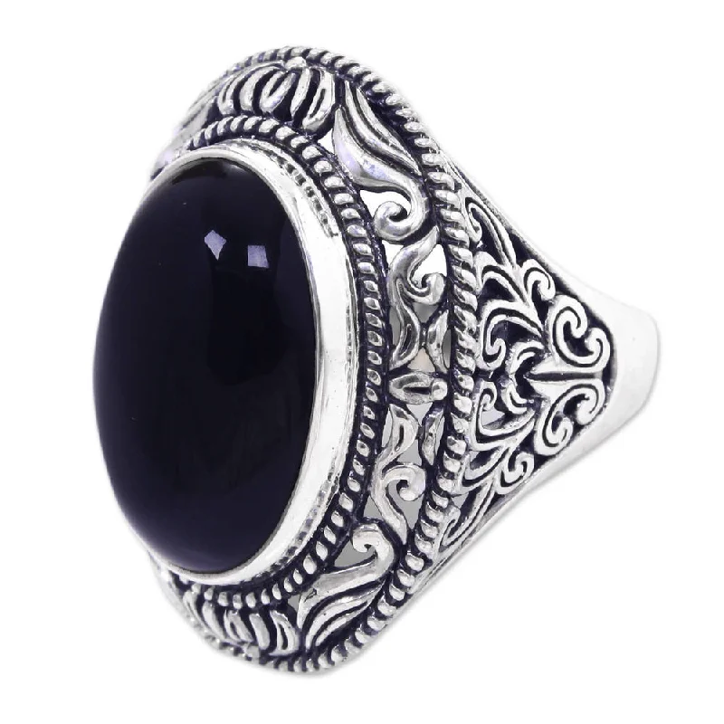 custom birthstone rings -Handmade Sterling Silver 'Amed Eclipse' Onyx Ring (Indonesia) - Aqua