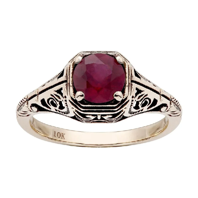 promise rings for women -Viducci 10k Yellow Gold Vintage Style Genuine Round Ruby Filigree Ring