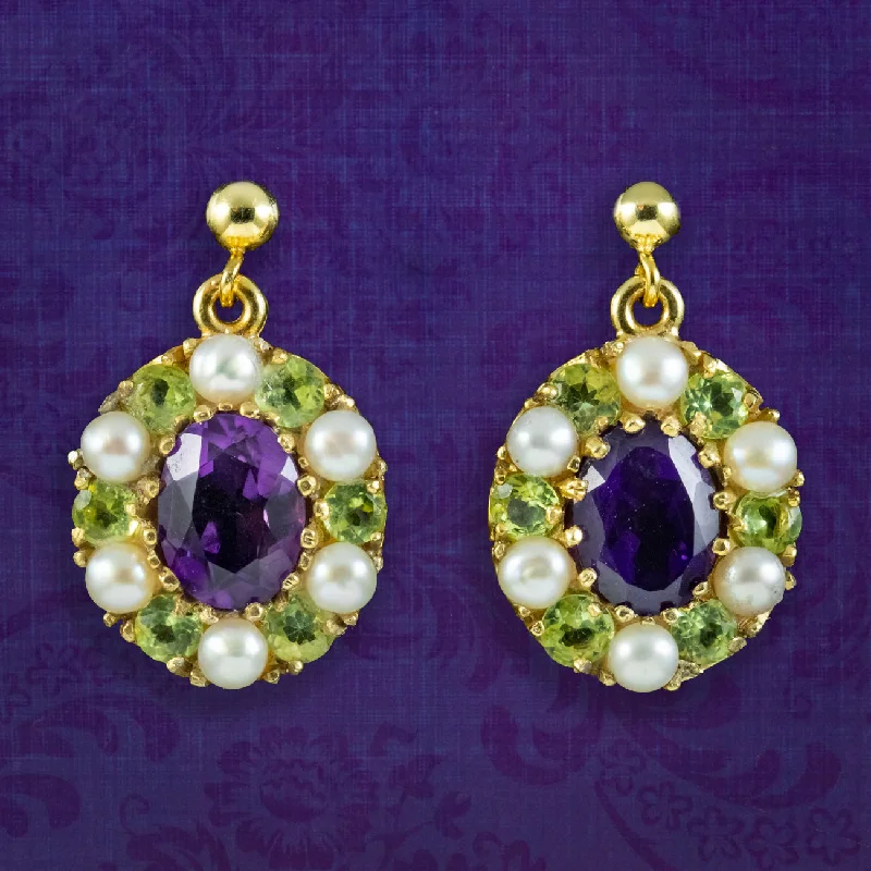 multi-colored earrings for women -Edwardian Suffragette Style Drop Earrings Amethyst Peridot Pearl