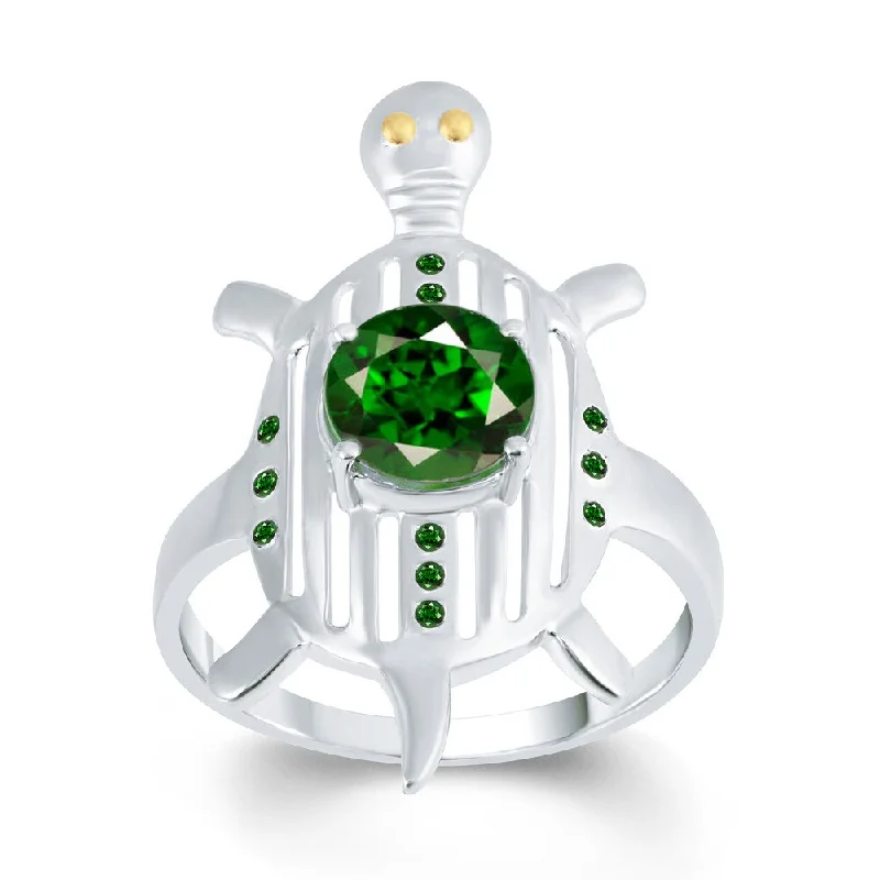 wedding rings with sapphires -Sterling Silver 1.25ct Created Emerald and Green Diamond Turtle Ring