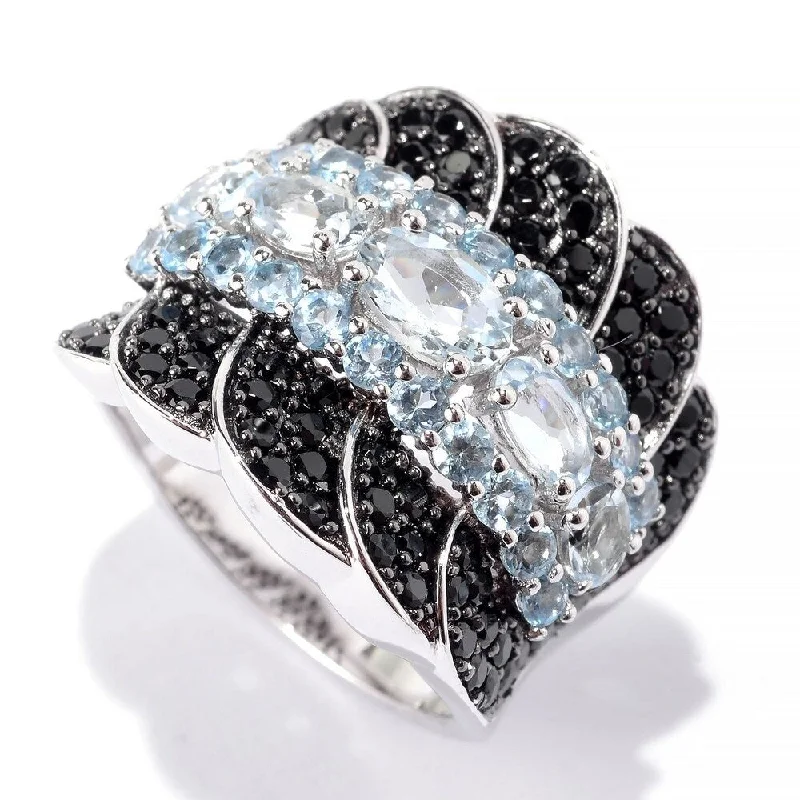 silver rings for women -925 Sterling Silver Black Spinel,Aquamarine,Swiss Blue Topaz Ring