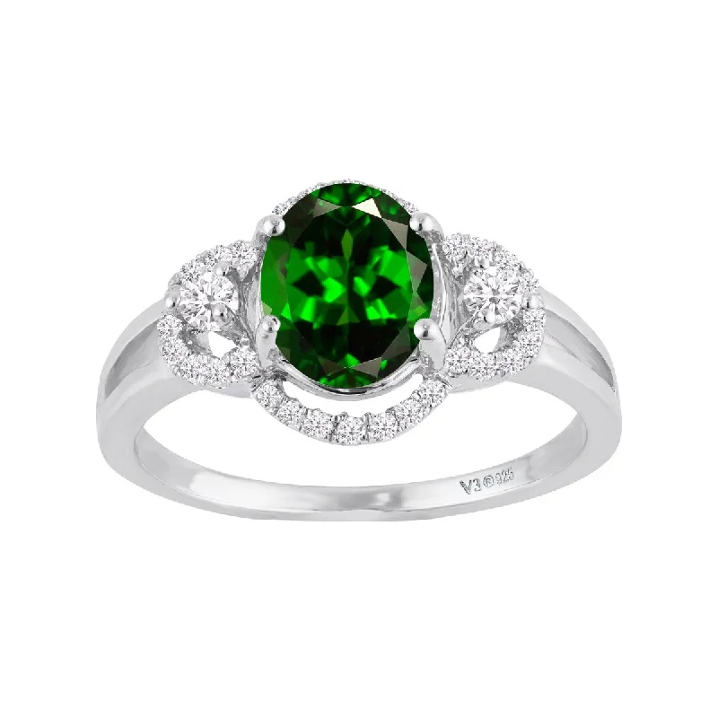 wedding sets with rings -Sterling Silver with Natural Chrome Diopside & White Zircon Halo Ring