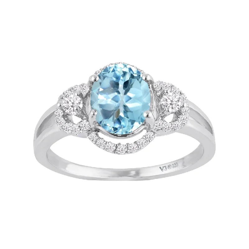 luxury diamond wedding rings -Sterling Silver with Natural Sky Blue Topaz and White Zircon Halo Ring