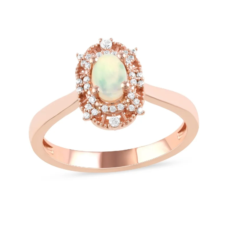 wedding rings with multiple stones -Opal Gemstone 1/10ct TDW Diamond Halo Ring in 10k Rose Gold