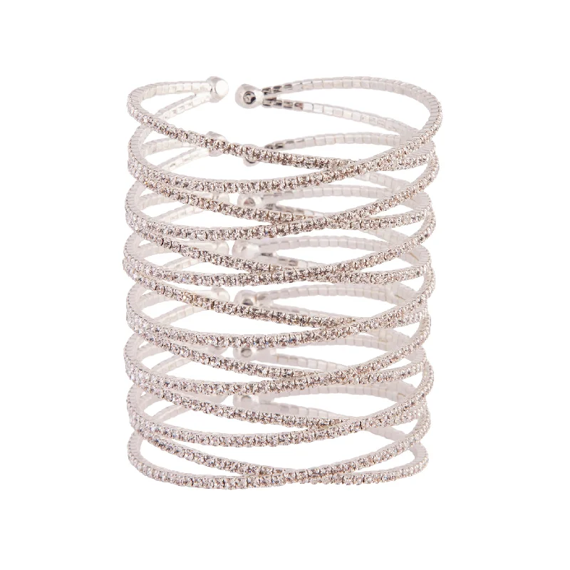 double-layer bracelets for women -Diamante Silver Crossover Multi Layer Cuff