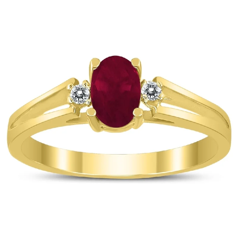 art deco rings for women -6X4MM Ruby and Diamond Open Three Stone Ring in 10K Yellow Gold