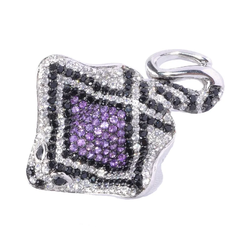 vintage diamond rings -Sterling Silver Black Spinel, White Zircon and Amethyst Fish Ring