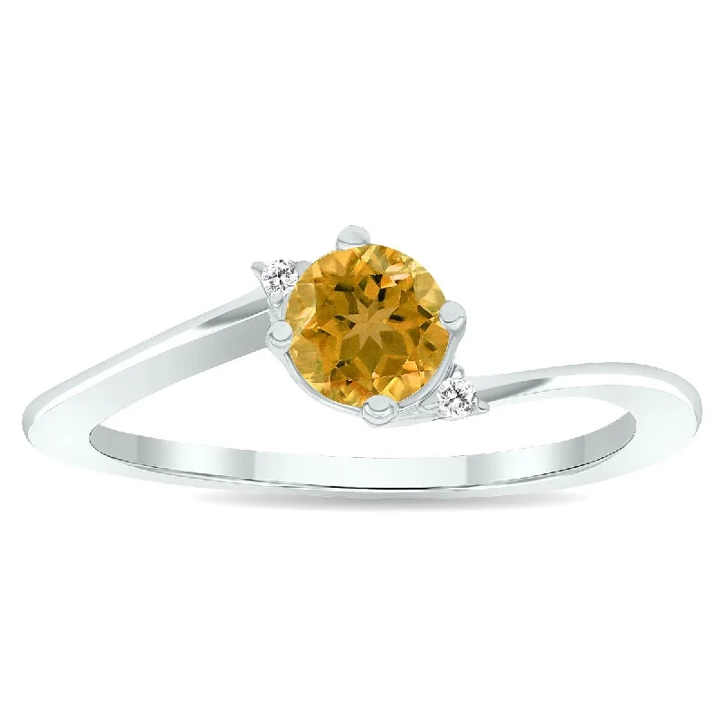 vintage wedding rings for women -Women's Citrine and Diamond Wave Ring in 10K White Gold