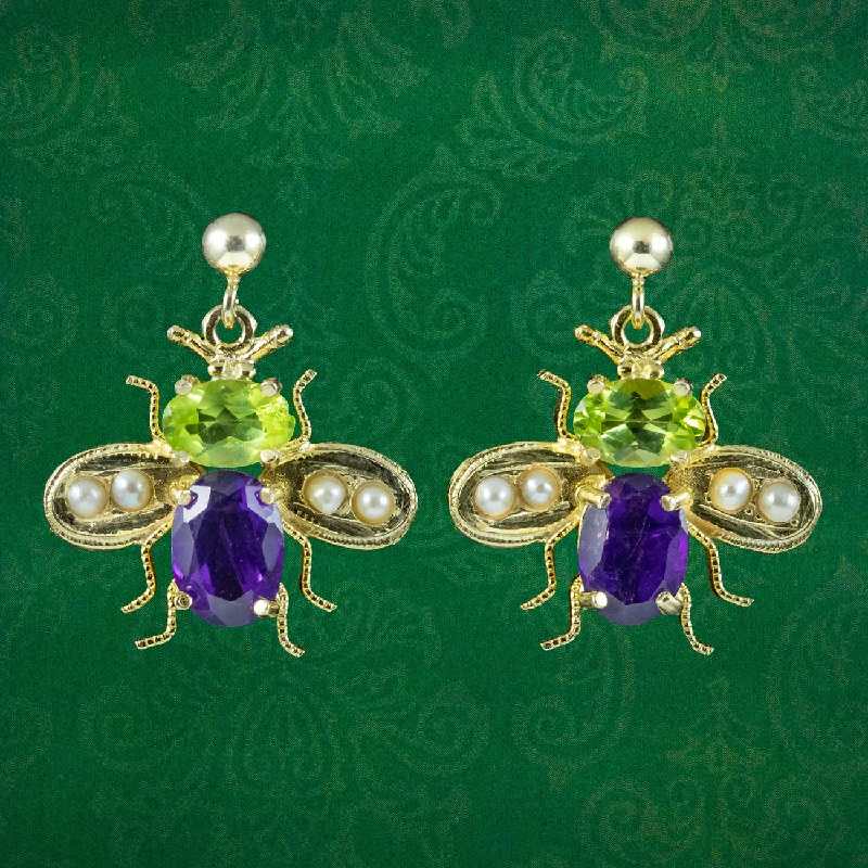 gold dangle earrings -Edwardian Suffragette Style Insect Bee Earrings Peridot Amethyst Pearls